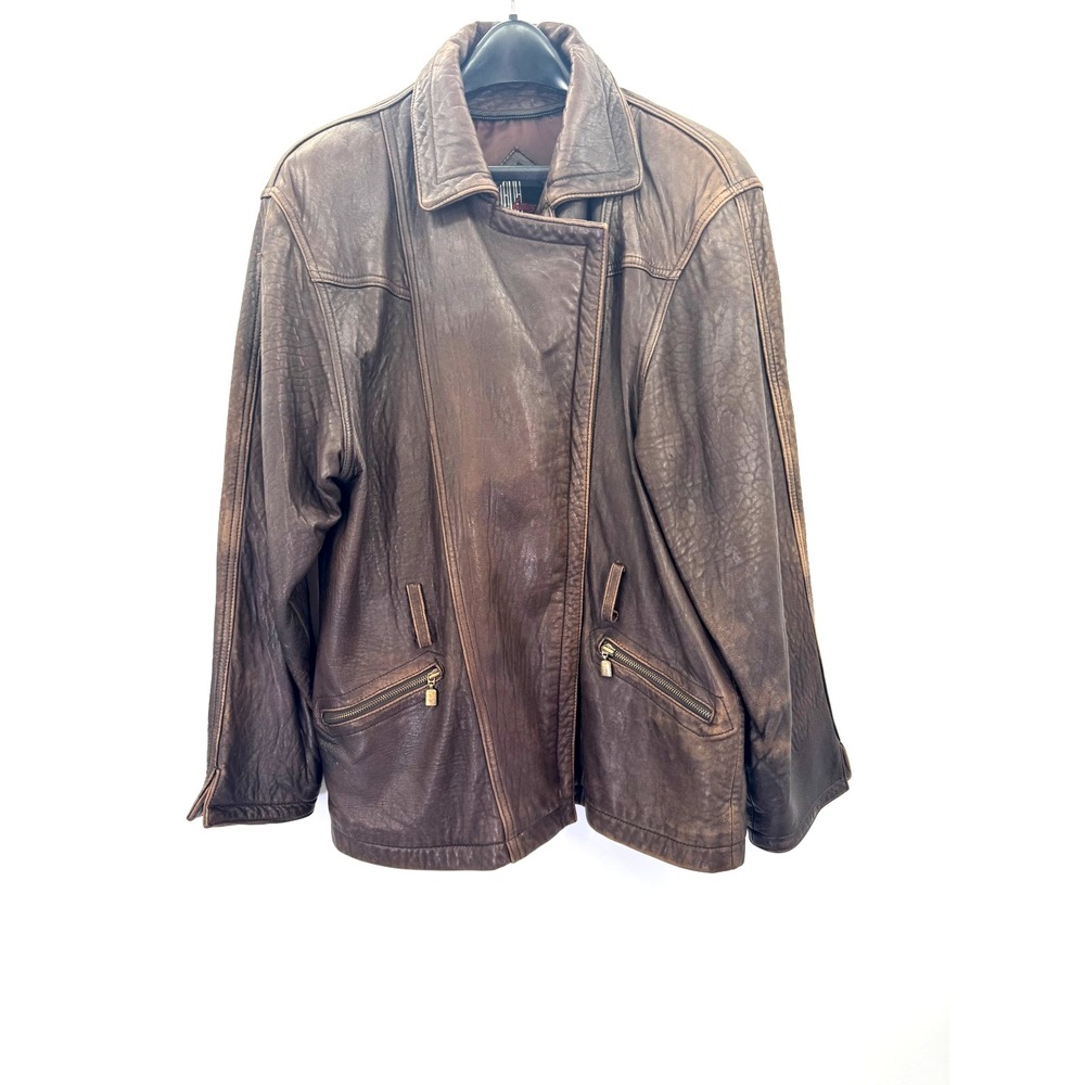 VTG 90s Leather Brown Patina Flight Aviator Jacket L Drop Shoulder Zip Pockets